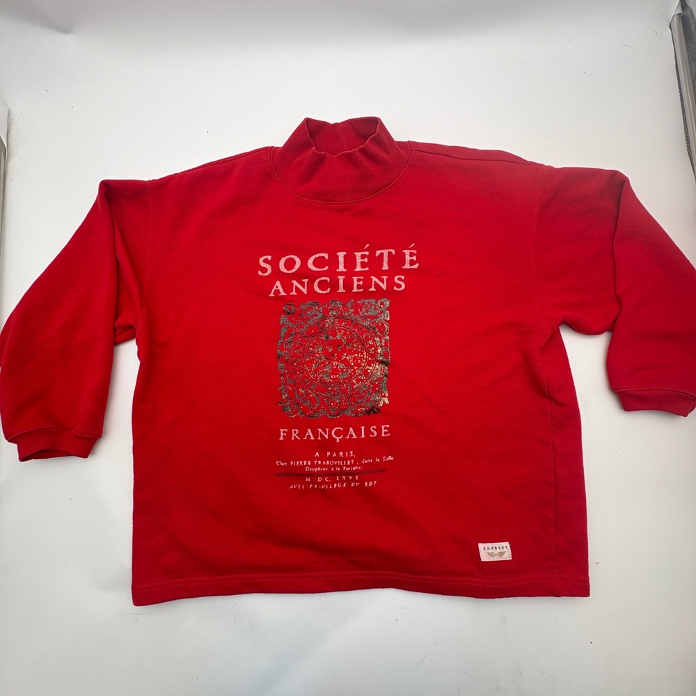 Vintage Express Societe Anciens Francaise Red Mock Neck Graphic Sweatshirt Sz 2